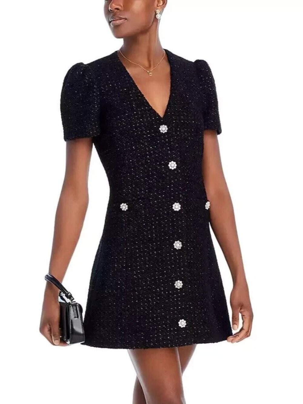Aqua Black V-Neck Short Sleeve Tweed Dress, Size L